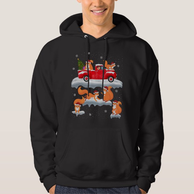 Squirrel Driving Christmas Tree Red Truck Squirrel Hoodie (Front)