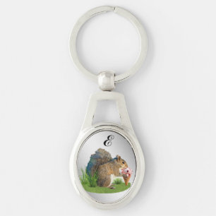 Squirrel Eating Ice Cream Cone, Monogram Key Ring