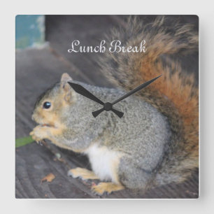 Squirrel Eating "Lunch Break" Square Wall Clock