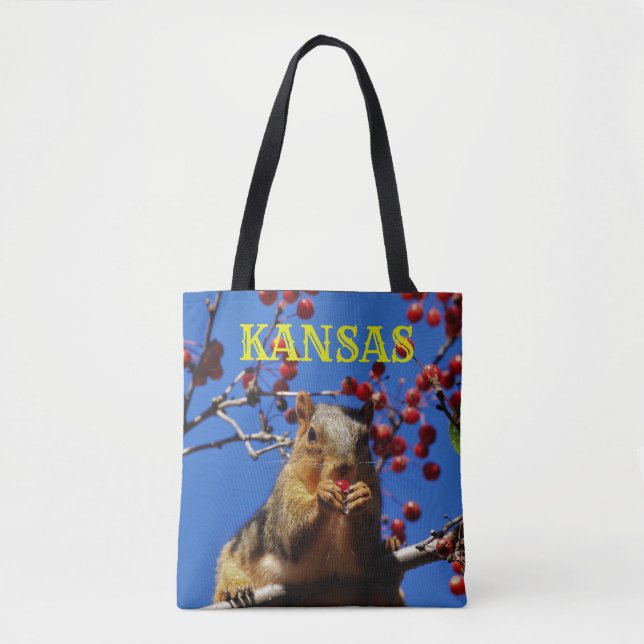 Squirrel eating red berries Grocery Tote Bag (Front)