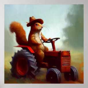 Squirrel Farmer on a Tractor Poster