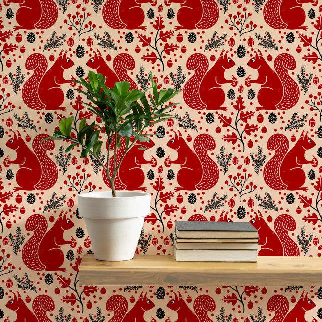 Squirrel Forest Woodland Pattern Wallpaper (Modern squirrel woodland forest pattern peel and stick wallpaper)