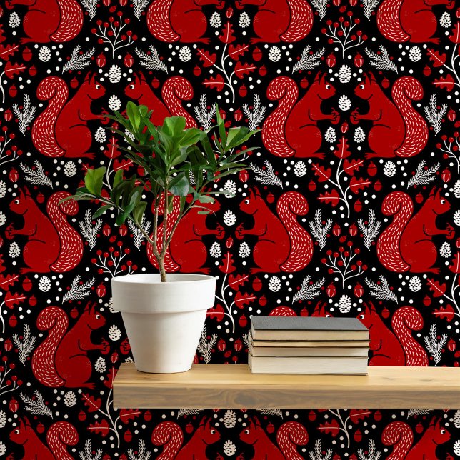 Squirrel Forest Woodland Pattern Wallpaper (Modern squirrel woodland forest pattern peel and stick wallpaper)