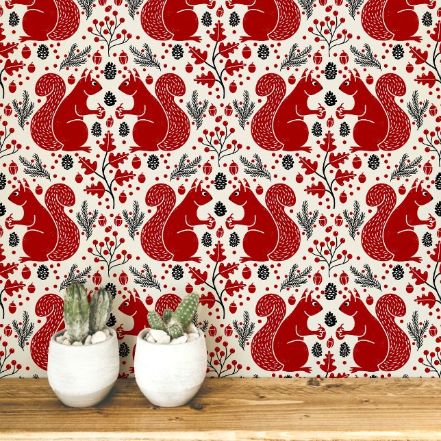 Squirrel Forest Woodland Pattern Wallpaper (Modern squirrel woodland forest pattern peel and stick wallpaper)