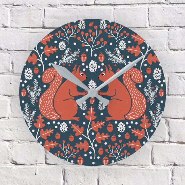 Squirrel Forest Woodland Round Clock (Squirrel in the Forest pattern woodland wall clock)
