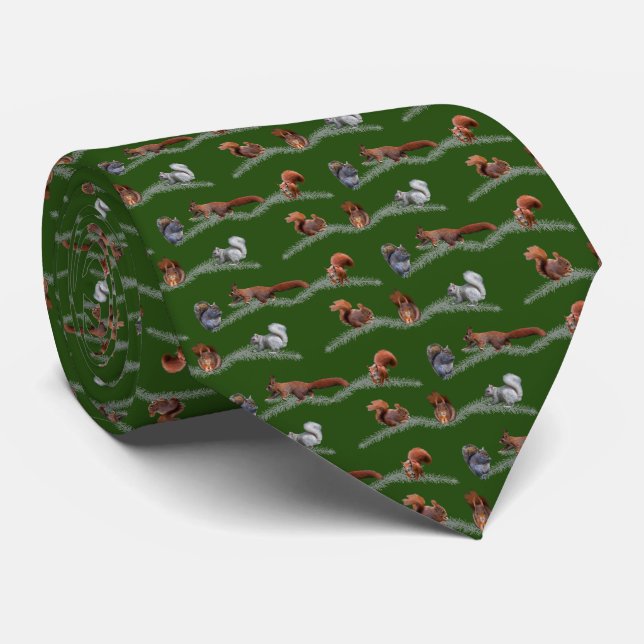 Squirrel Frenzy Tie Double Sided Print(Dark Green) (Rolled)