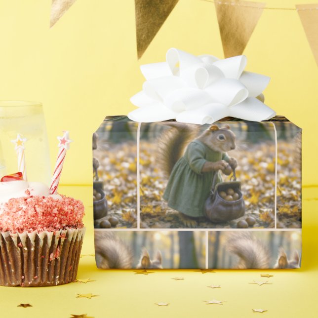 Squirrel Gathering Nuts In Her Purse Wrapping Paper (Birthday Party)