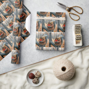 Squirrel Holding a Red Maple Leaf Wrapping Paper