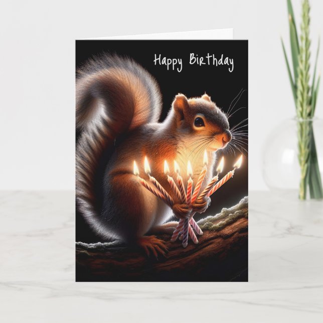 Squirrel Holding Birthday Candles Card (Front)