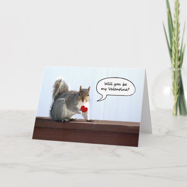 Squirrel holding red heart Valentine greeting card (Front)