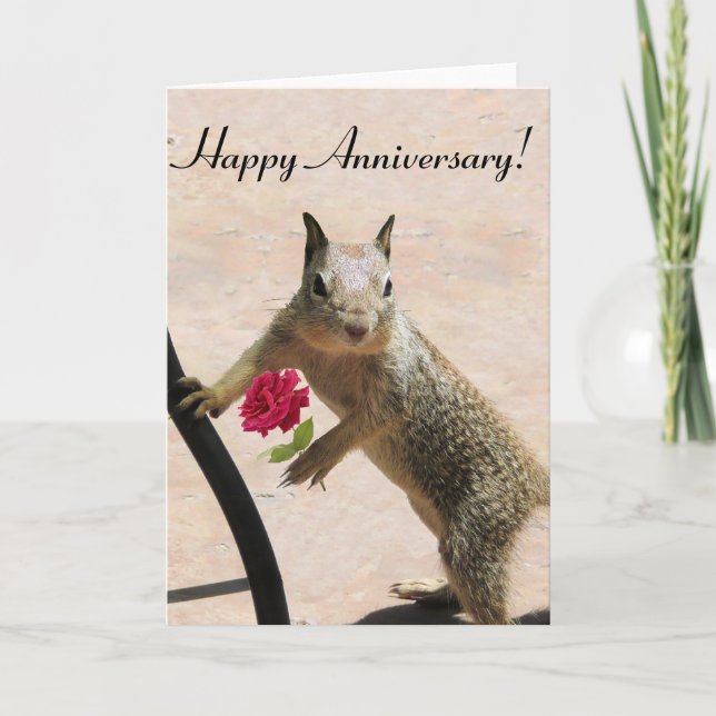 Squirrel Holding Rose Anniversary Card (Front)