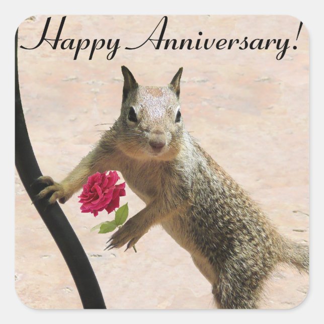 Squirrel Holding Rose Anniversary Square Sticker (Front)