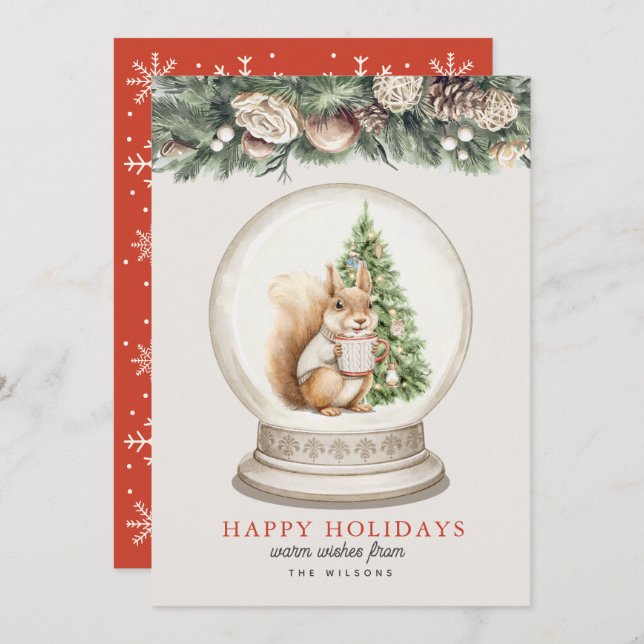 Squirrel Hot Choclate Snow Grobe Holiday Card (Front/Back)