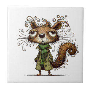 Squirrel in a Green Trenchcoat Ceramic Tile