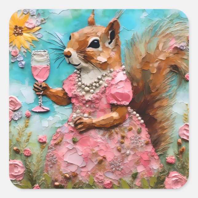 Squirrel in a Pink Dress Square Sticker (Front)