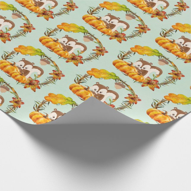 Squirrel in Floral Wreath Fall Rustic Pattern Wrapping Paper (Corner)