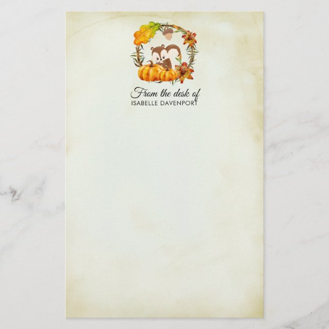 Squirrel in Floral Wreath Fall Rustic Stationery (Front)