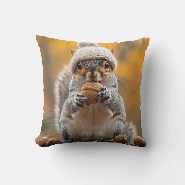 Squirrel in Knit Hat Holding Nut Cushion (Front)