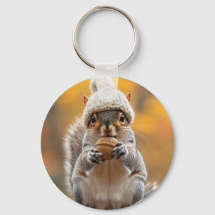 Squirrel in Knit Hat Holding Nut Key Ring