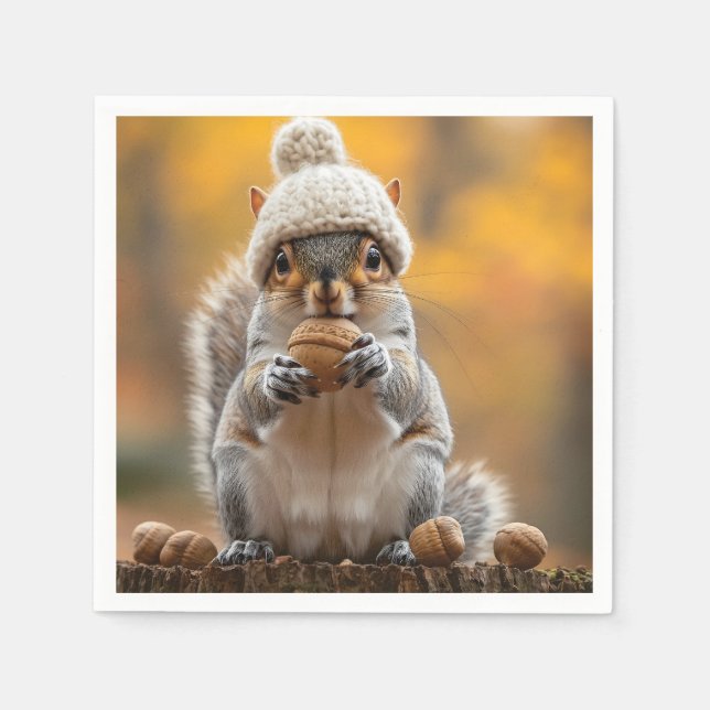 Squirrel in Knit Hat Holding Nut Napkin (Front)