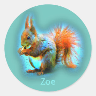 Squirrel in modern style on turquoise kids classic round sticker