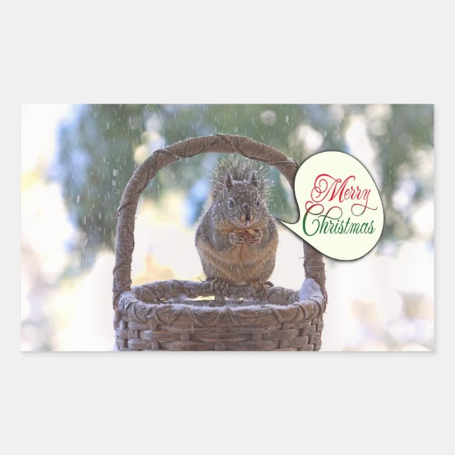 Squirrel in Snow Saying Merry Christmas Rectangular Sticker (Front)