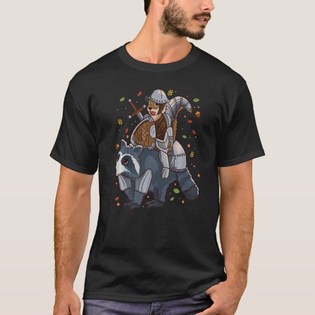 Squirrel Knight With Acorn Shield Riding A Racoon T-Shirt (Front)