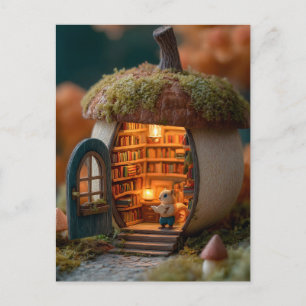 Squirrel Library Inside a Mossy Acorn House Holiday Postcard