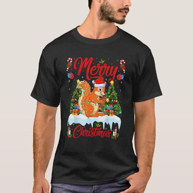 Squirrel Lights Xmas Tree Santa Squirrel Christmas T-Shirt (Front)