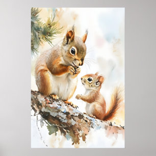 Squirrel Mama and Baby Watercolor Print, Woodland Poster