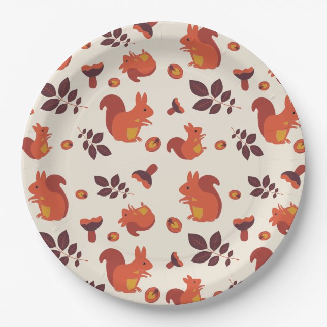 Squirrel, mushroom, leaf, walnut. paper plate (Front)