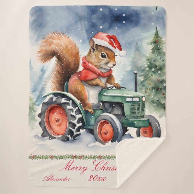 Squirrel on a Tractor Christmas Sherpa Blanket (Front)