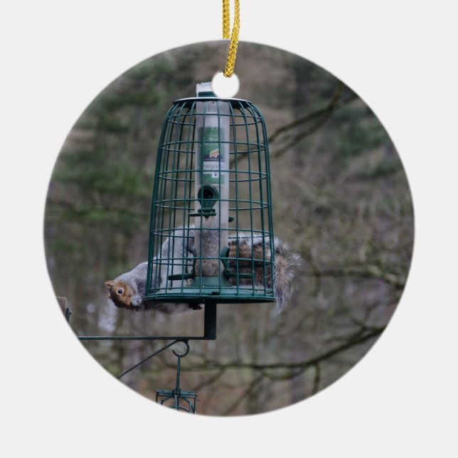 Squirrel on bird feeder ceramic tree decoration (Front)