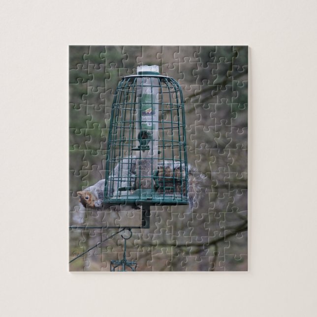 Squirrel on bird feeder jigsaw puzzle (Vertical)