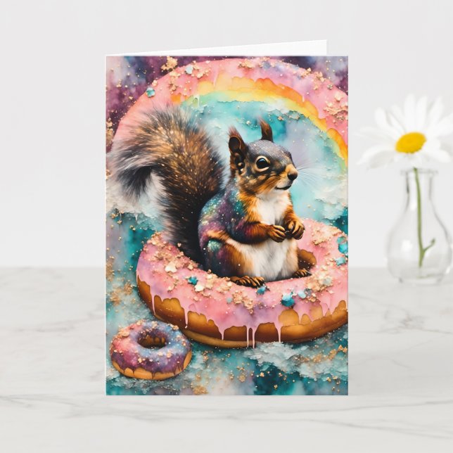 Squirrel on Floating Glazed Doughnut Funny Sweet Card (Small Plant)