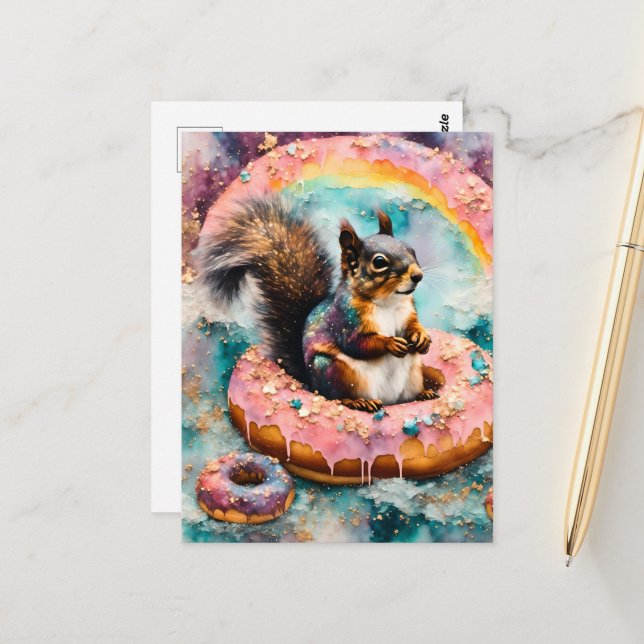 Squirrel on Floating Glazed Doughnut Funny Sweet Postcard (Front/Back In Situ)