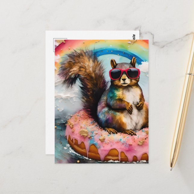 Squirrel on Floating Glazed Doughnut Funny Sweet Postcard (Front/Back In Situ)