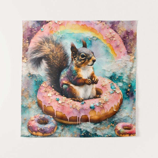 Squirrel on Floating Glazed Doughnut Funny Sweet Tapestry (Front)