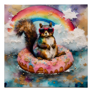 Squirrel on Floating Glazed Doughnut Funny Vacatio Poster