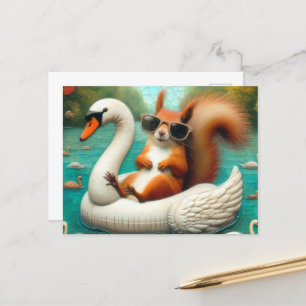 Squirrel on Floating Swan Funny Summer Vacation Postcard