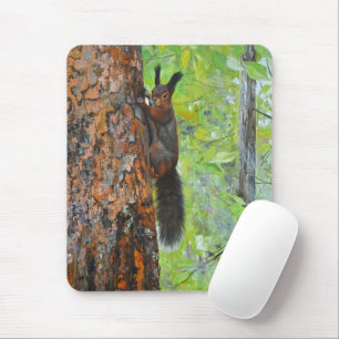 Squirrel on Pine Tree – Realistic Oil Painting Mouse Pad