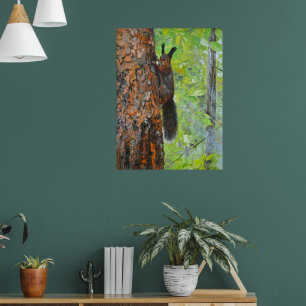Squirrel on Pine Tree – Realistic Oil Painting Poster