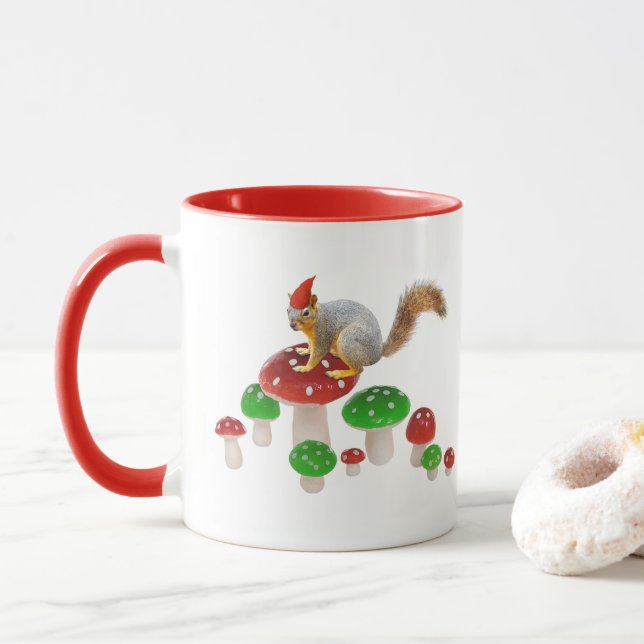 Squirrel on Red and Green Mushrooms Mug (With Donut)