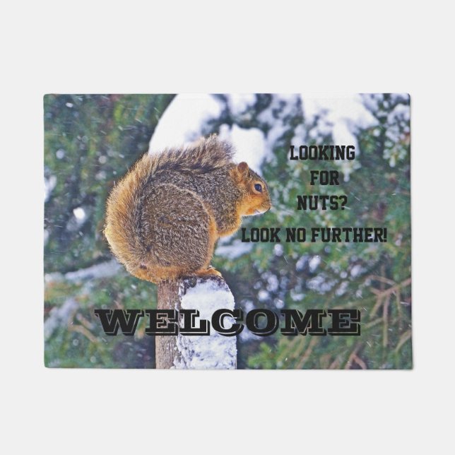 SQUIRREL ON SNOW-COVERED POST/LOOKING FOR NUTS? DOORMAT (Front)
