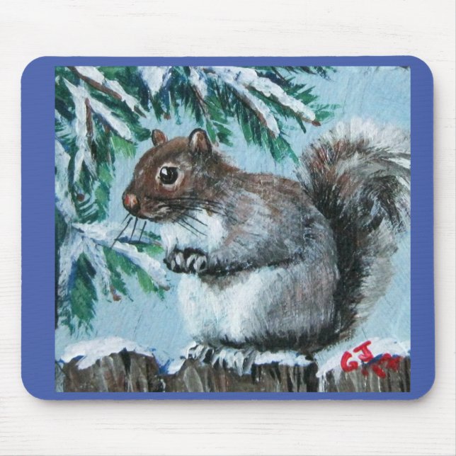 Squirrel on snowy branch Mouse Pad (Front)