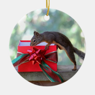 Squirrel Opening Christmas Present Ceramic Tree Decoration