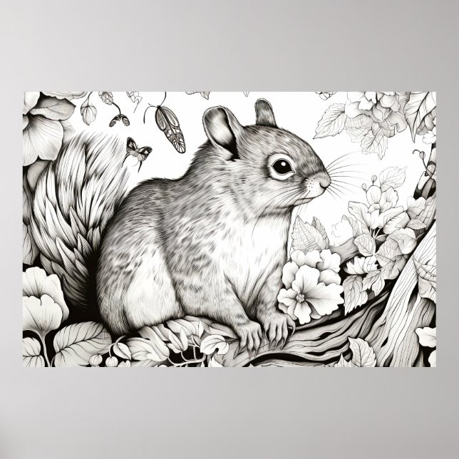 Squirrel Peaceful Nature Prairie Sketch Drawing  Poster (Front)