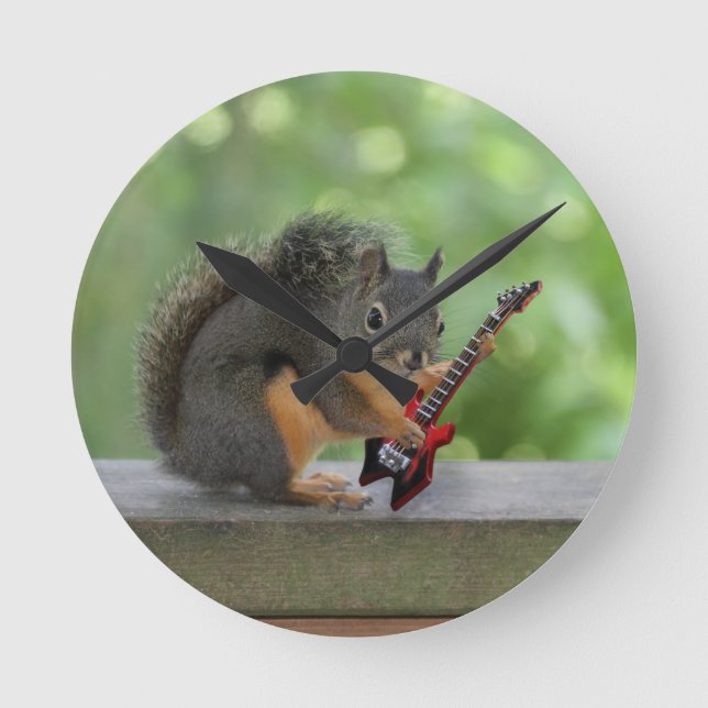 Squirrel Playing Electric Guitar Round Clock (Front)