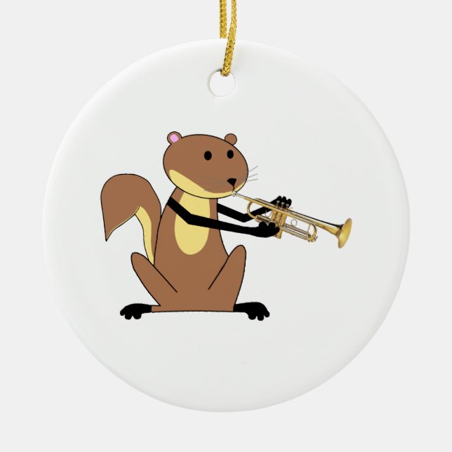 Squirrel Playing the Trumpet Ceramic Ornament (Front)
