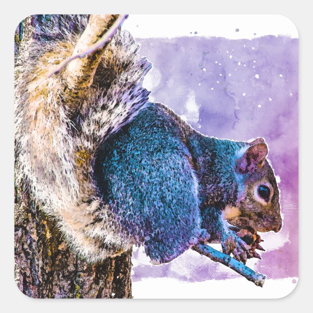 Squirrel Purple Watercolor Valentine's Day Square Sticker (Front)